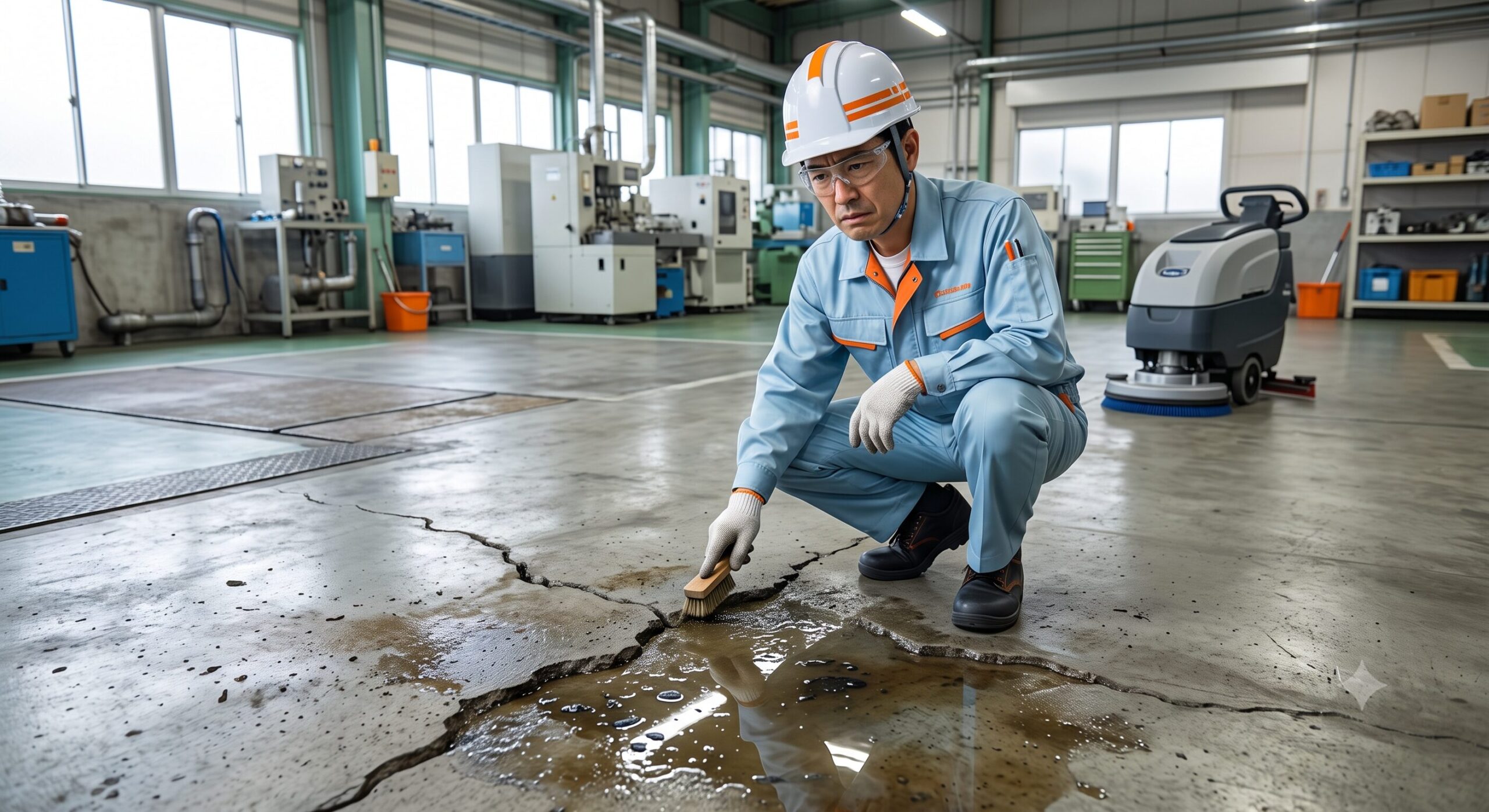 床のひび割れや凹凸に油や水が溜まり、清掃しても綺麗にならない…