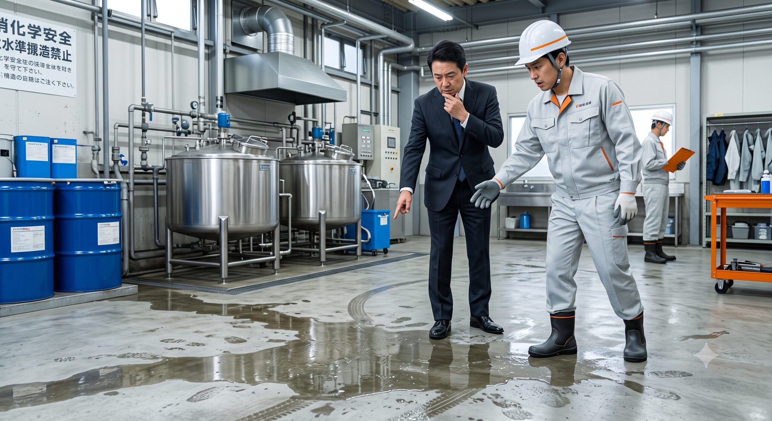 水や薬品を扱うエリアの床が滑りやすく、作業員の転倒が心配…